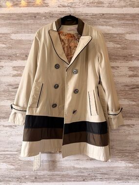 Women’s Beige Trench Coat with Brown & Black Stripes